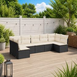 7 Piece Outdoor Garden Sofa Set with Cushions Black Poly Rattan Patio Furniture