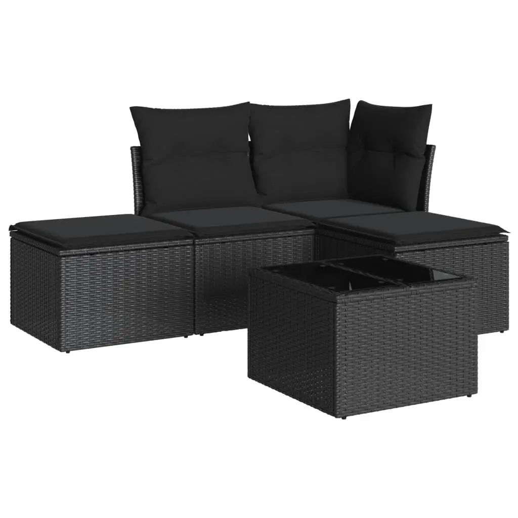 5 Piece Outdoor Garden Sofa Set Black Poly Rattan Patio Furniture with Cushions