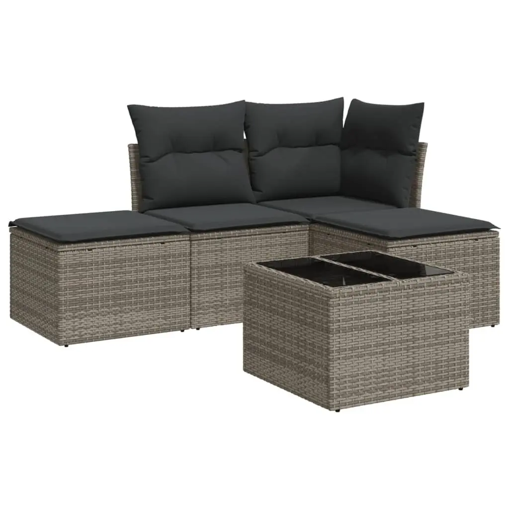 5 Piece Garden Sofa Set Grey Poly Rattan Outdoor Furniture with Cushions Glass