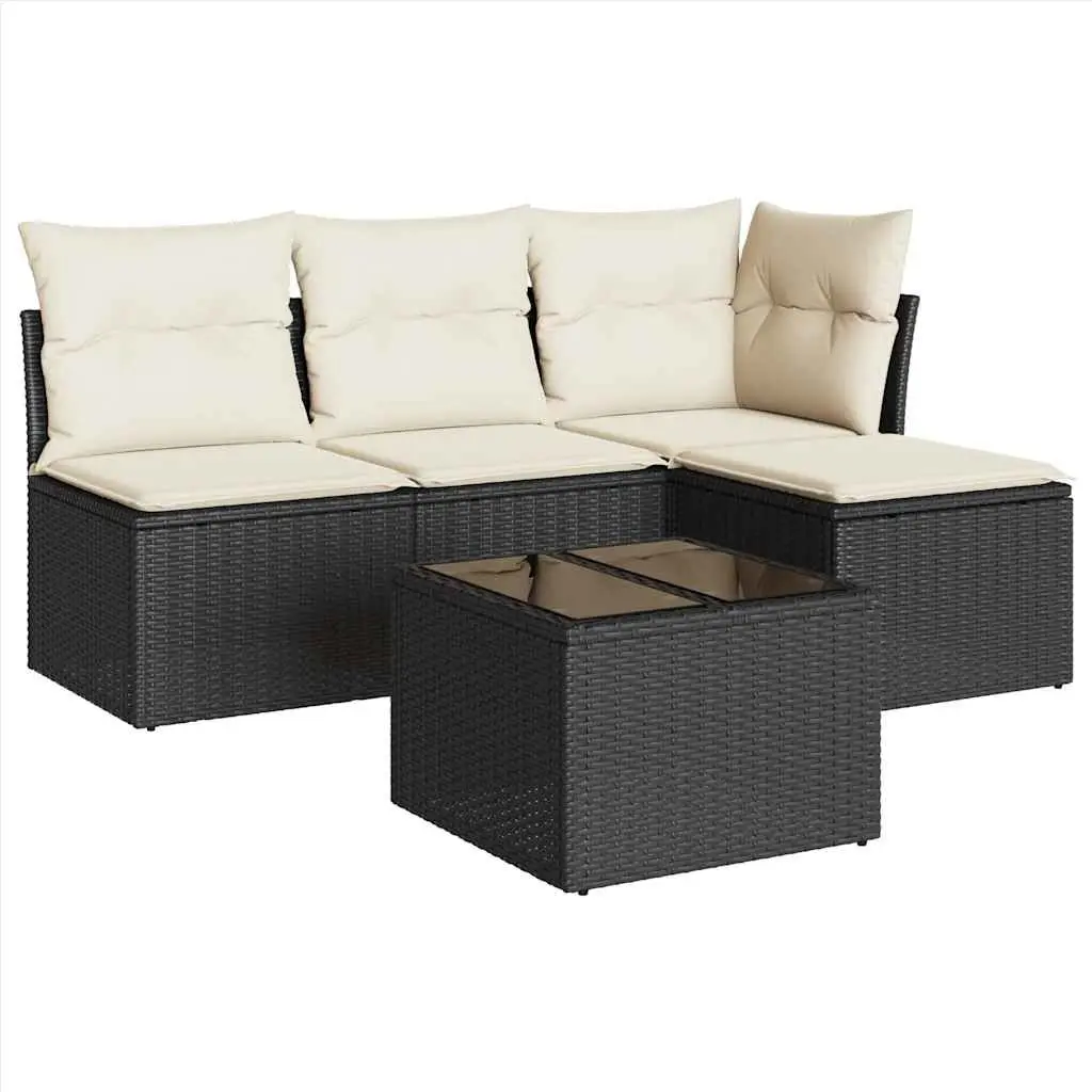 5 Piece Outdoor Garden Sofa Set with Cushions Black Poly Rattan Patio Furniture
