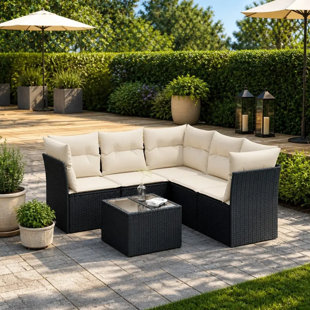 Garden Sofa Set 6 Piece Outdoor Furniture Black Rattan Patio Sectional