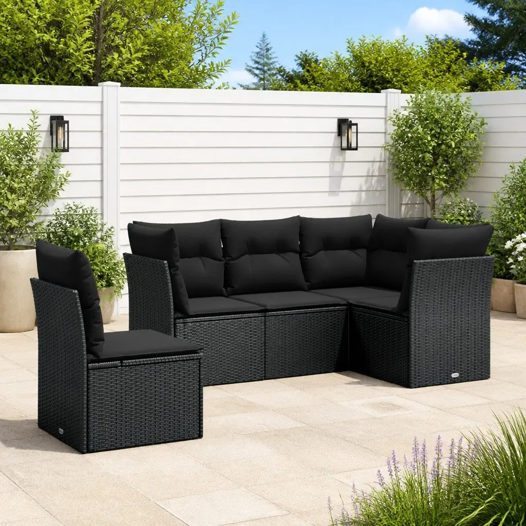 5 Piece Garden Sofa Set Outdoor Patio Furniture Black Poly Rattan with Cushions