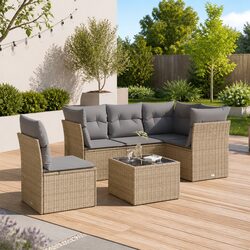 Outdoor Garden Sofa Set 6 Piece Beige Poly Rattan with Cushions Patio Furniture