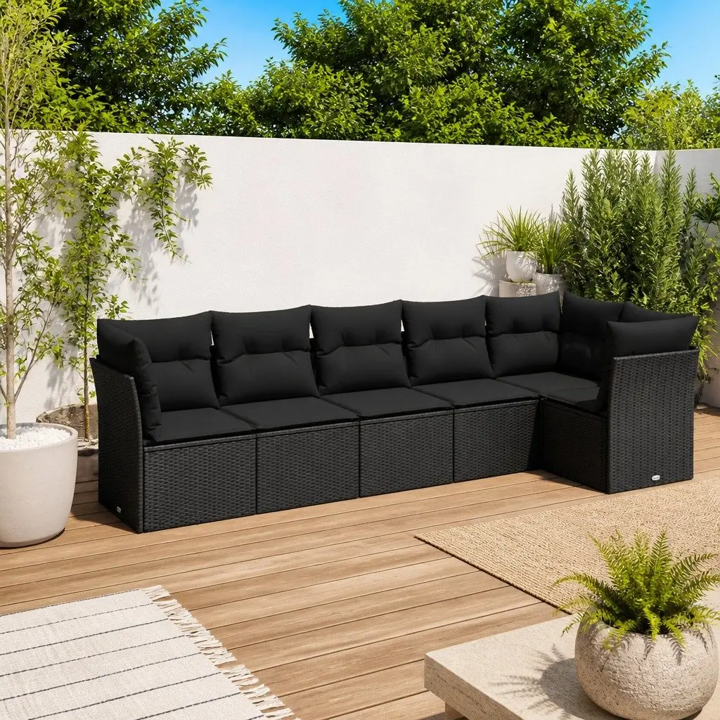 6 Piece Garden Sofa Set with Cushions Black Poly Rattan Outdoor Furniture Patio
