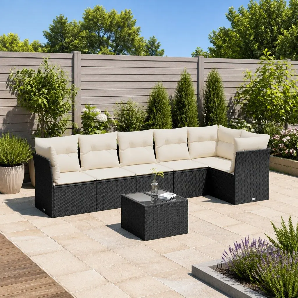 7 Piece Outdoor Garden Sofa Set with Cushions Black Poly Rattan Patio Furniture