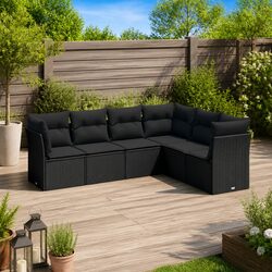 Garden Sofa Set 6 Piece Outdoor Furniture Patio Rattan Black Cushions