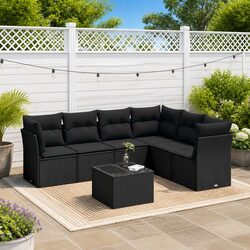Garden Sofa Set 7 Piece Outdoor Furniture Black Poly Rattan Patio Lounge