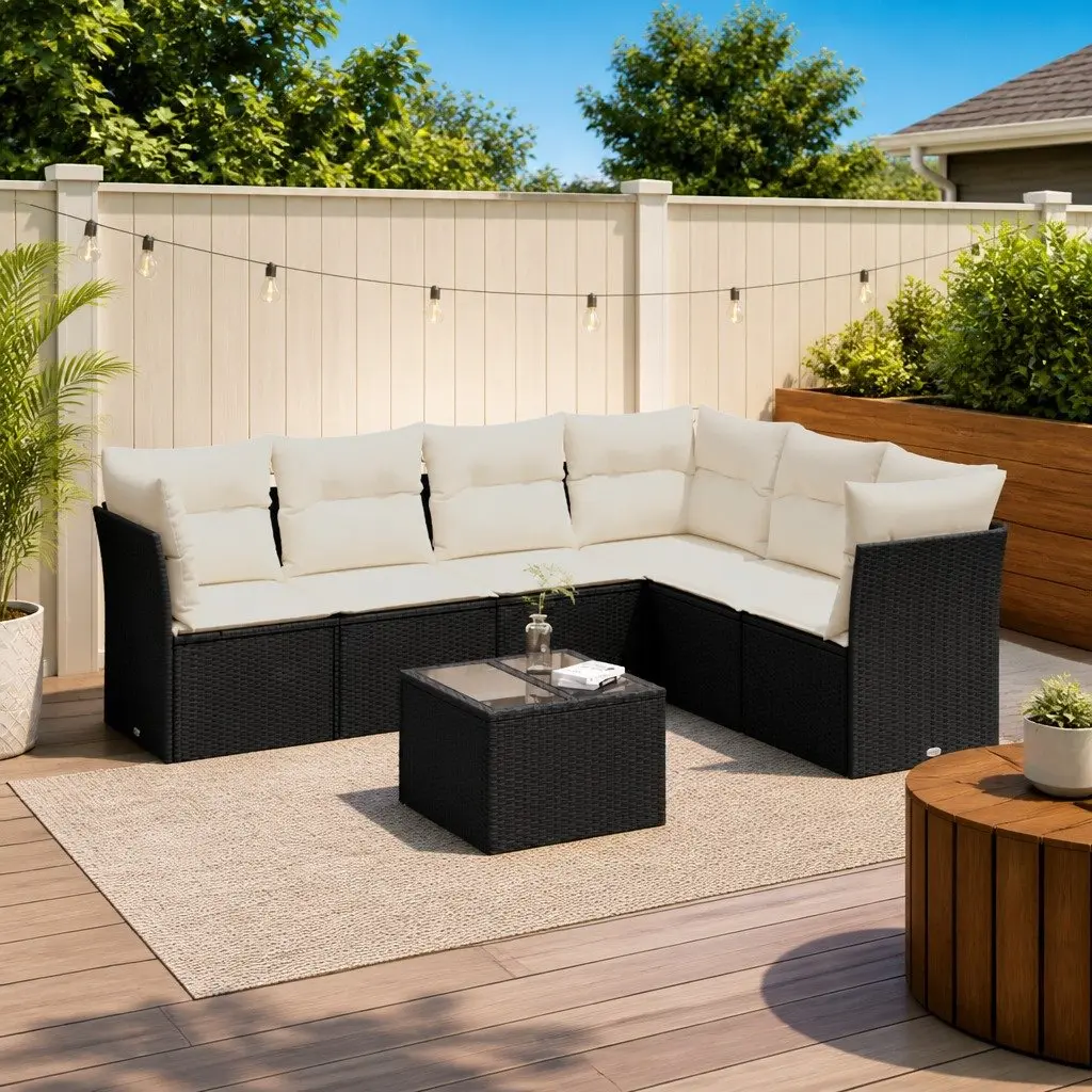 7 Piece Outdoor Garden Sofa Set Modular Black PE Rattan Patio Furniture with Cushions