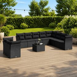 Outdoor Garden Sofa Set 11 Piece Black Poly Rattan Patio Furniture with Cushions