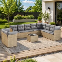Garden Sofa Set 11 Piece Outdoor Furniture Beige Poly Rattan Patio Lounge