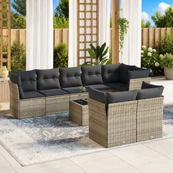 Outdoor Garden Sofa Set 9 Piece Grey Poly Rattan Patio Furniture with Cushions