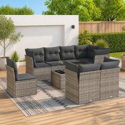 Outdoor Garden Sofa Set 9 Piece Grey Poly Rattan Patio Furniture with Cushions