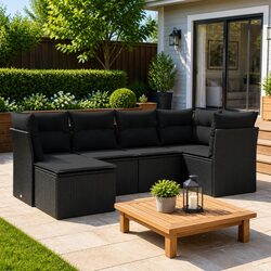 Garden Sofa Set 6 Piece Outdoor Furniture with Cushions Black Poly Rattan