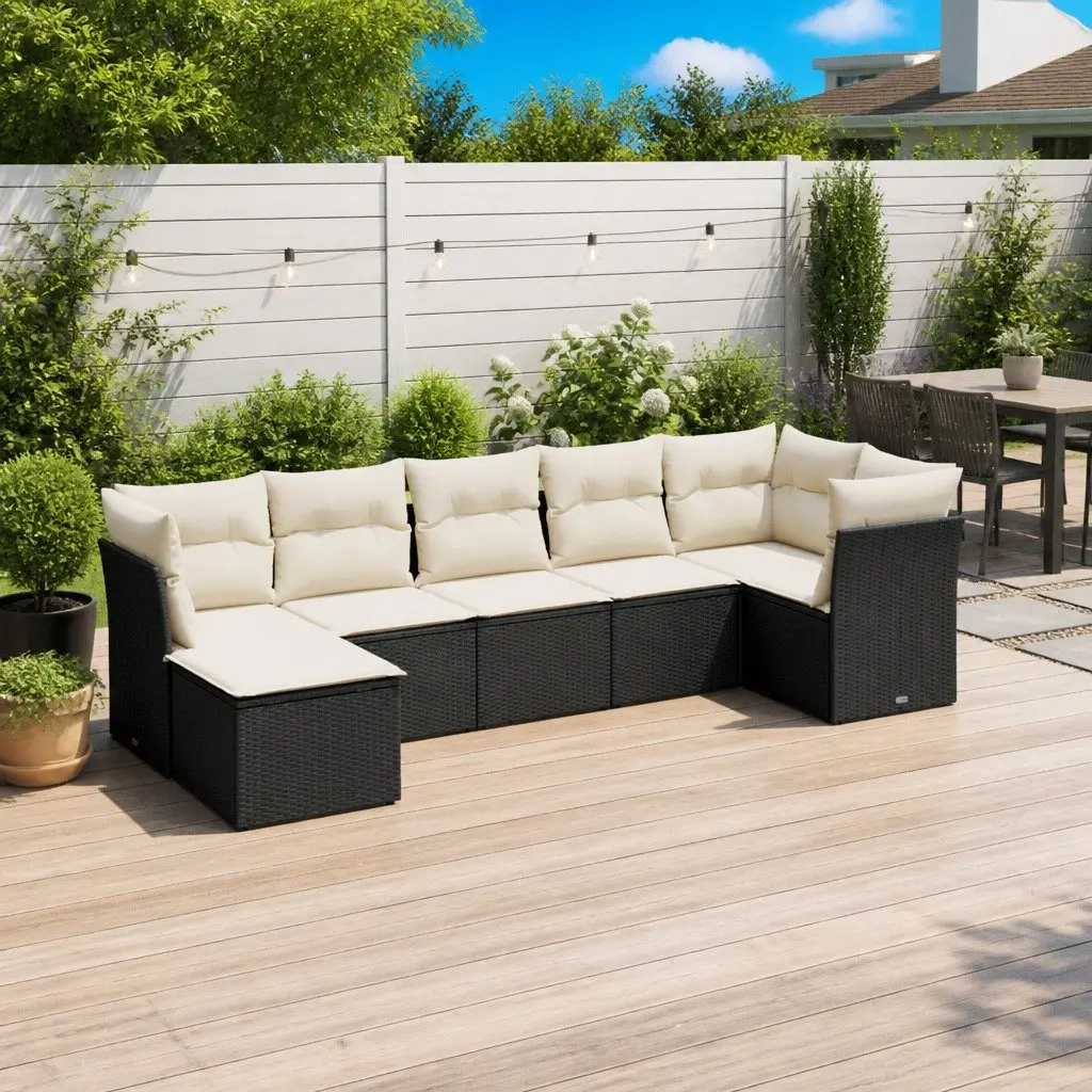 7 Piece Garden Sofa Set Outdoor Furniture Black Poly Rattan Cushions Patio