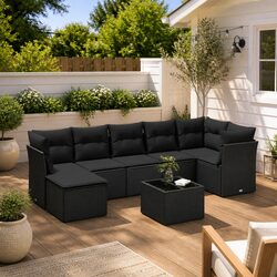 Outdoor Garden Sofa Set 8 Piece Black Poly Rattan Patio Furniture with Cushions
