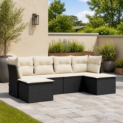 Garden Sofa Set 6 Piece Outdoor Furniture Black Poly Rattan with Cushions