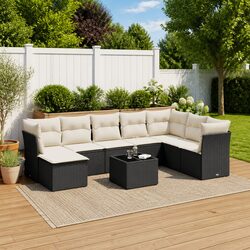 Garden Sofa Set 9 Piece Outdoor Patio Furniture Black Poly Rattan with Cushions
