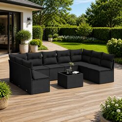 Garden Sofa Set 10 Piece Outdoor Patio Furniture Black Poly Rattan with Cushions