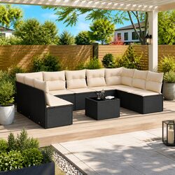 Outdoor Garden Sofa Set 10 Piece Patio Furniture Black Poly Rattan Modular