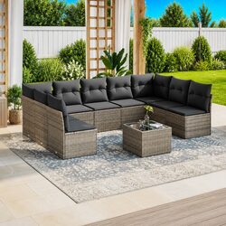 Garden Sofa Set 10 Piece Outdoor Furniture with Cushions Grey Poly Rattan Patio