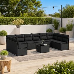 Outdoor Garden Sofa Set 11 Piece Black Poly Rattan Patio Furniture with Cushions