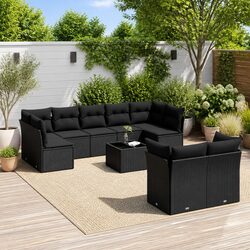 Garden Sofa Set 10 Piece Outdoor Furniture Black Poly Rattan Patio Seating with