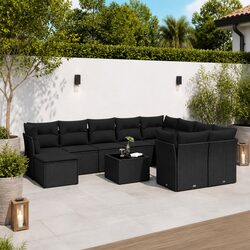 Outdoor Garden Sofa Set 10 Piece Black Poly Rattan Patio Furniture with Cushions