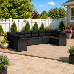 Garden Sofa Set 10 Piece Outdoor Furniture Black Poly Rattan Modular Patio