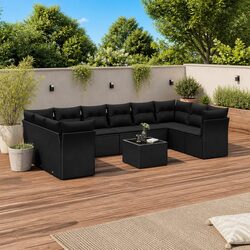 Outdoor Garden Sofa Set 11 Piece Black Poly Rattan Patio Furniture Cushions