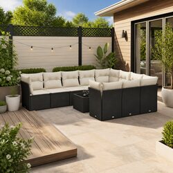 Outdoor Garden Sofa Set 11 Piece Black Poly Rattan Patio Furniture with Cushions