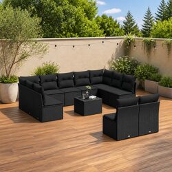 Garden Sofa Set 12 Piece Black Poly Rattan Outdoor Furniture with Cushions