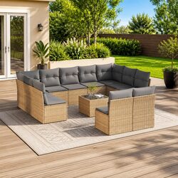 Garden Sofa Set 12 Piece Outdoor Furniture Patio Beige Poly Rattan Cushions