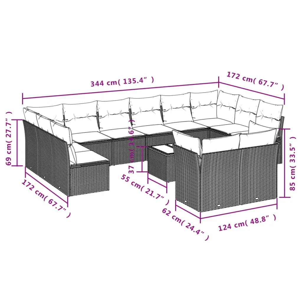 Garden Sofa Set 13 Piece Black PE Rattan Outdoor Furniture with Cushions