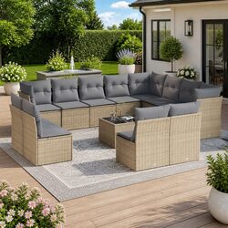Garden Sofa Set 13 Piece Outdoor Furniture Beige Poly Rattan Patio Lounge with