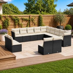 Garden Sofa Set 13 Piece Black Poly Rattan Outdoor Furniture with Cushions