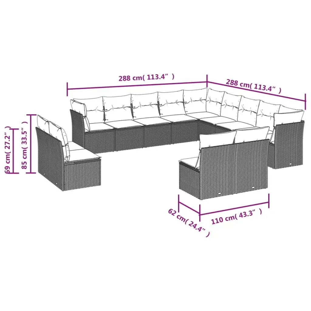 13 Piece Garden Sofa Set Grey Outdoor Furniture Patio Sectional with Cushions