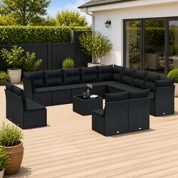 Outdoor Garden Sofa Set 14 Piece Black Poly Rattan Patio Furniture with Cushions