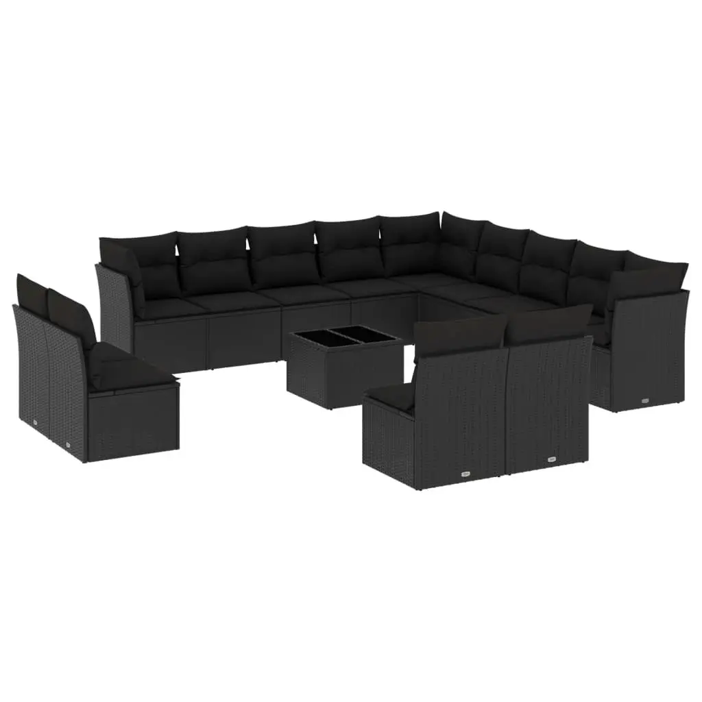 Outdoor Garden Sofa Set 14 Piece Black Poly Rattan Patio Furniture with Cushions