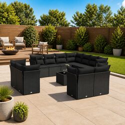 Outdoor Garden Sofa Set 12 Piece Patio Furniture Black Poly Rattan with Cushions