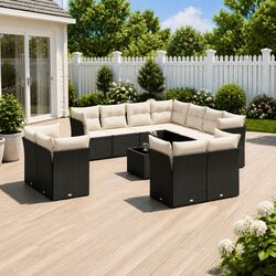 Garden Sofa Set 12 Piece Outdoor Furniture Patio Black Poly Rattan with Cushions