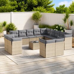 Garden Sofa Set 14 Piece Outdoor Furniture Patio Beige Poly Rattan with Cushions