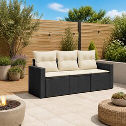 Garden Sofa Set 3 Piece Outdoor Furniture Black Poly Rattan with Cushions Patio
