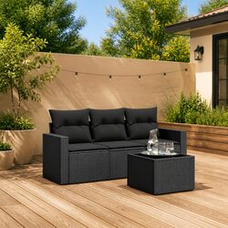Garden Sofa Set 4 Piece Outdoor Furniture Black Poly Rattan with Cushions Patio