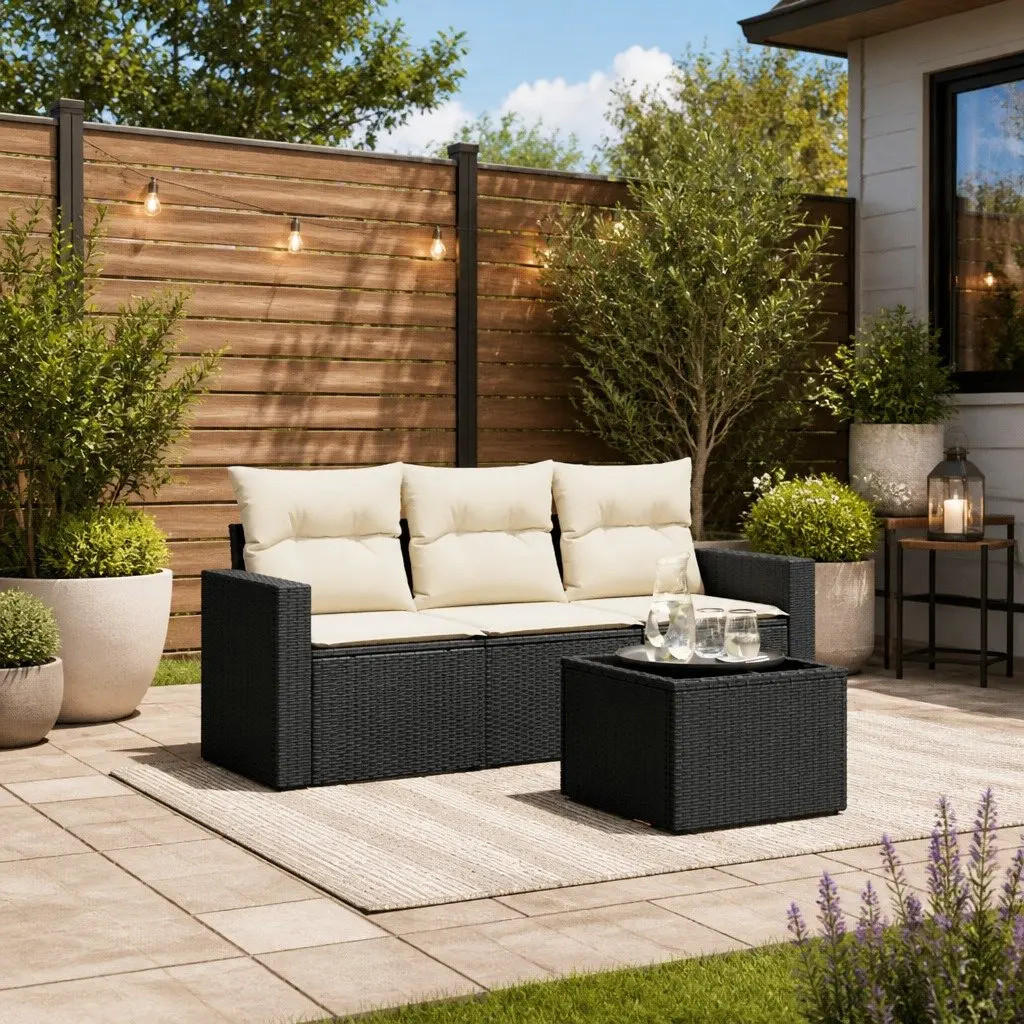 4 Piece Garden Sofa Set Outdoor Patio Furniture Black Poly Rattan with Cushions