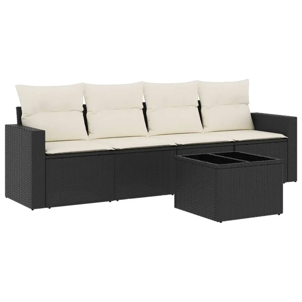 5 Piece Outdoor Garden Sofa Set Black Poly Rattan Patio Furniture with Cushions