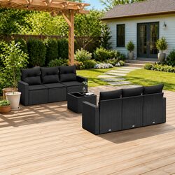 7 Piece Outdoor Garden Sofa Set with Cushions Black Rattan Patio Furniture
