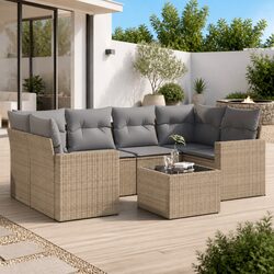 7 Piece Garden Sofa Set Outdoor Patio Furniture with Cushions Beige Poly Rattan