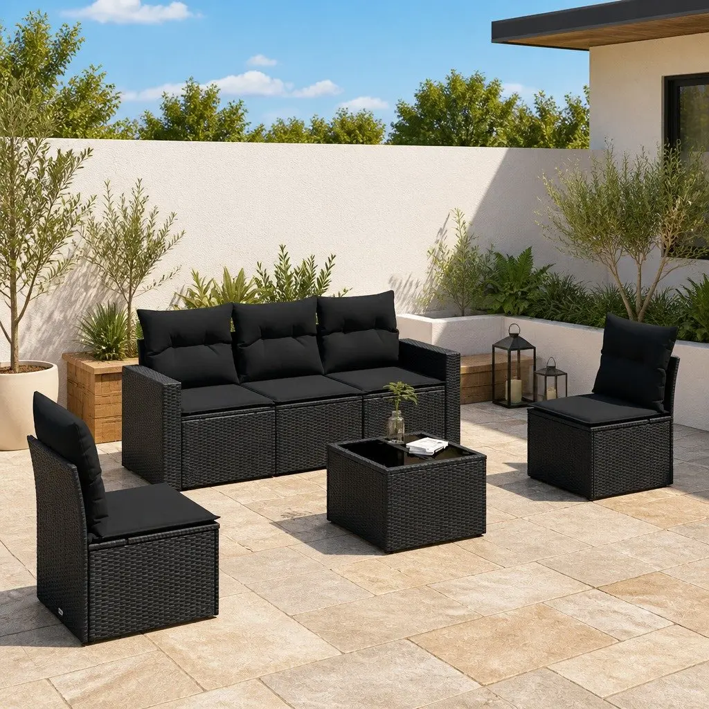 6 Piece Garden Sofa Set Durable PE Rattan Black Outdoor Furniture Patio Seating
