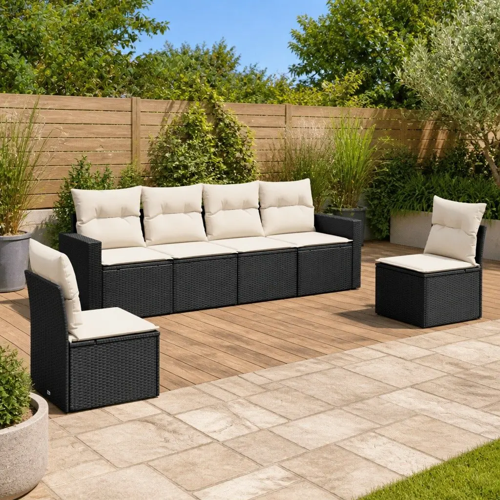 6 Piece Garden Sofa Set Outdoor Furniture Black Poly Rattan with Cushions Patio