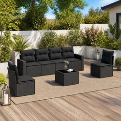 7 Piece Garden Sofa Set Outdoor Patio Furniture Black Poly Rattan with Cushions